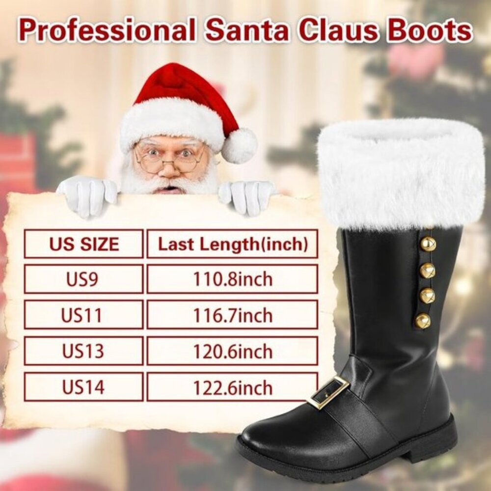Men Black Buckle Strap and Bell Premium Faux Leather Wide Calf Santa Combat Boot - Picture 4 of 7